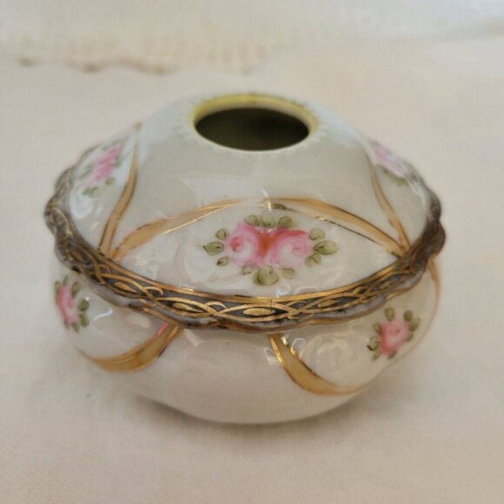 Antique Nippon Hair Receiver Painted "E E" Japan Porcelain Victorian Roses gold - Picture 4 of 8